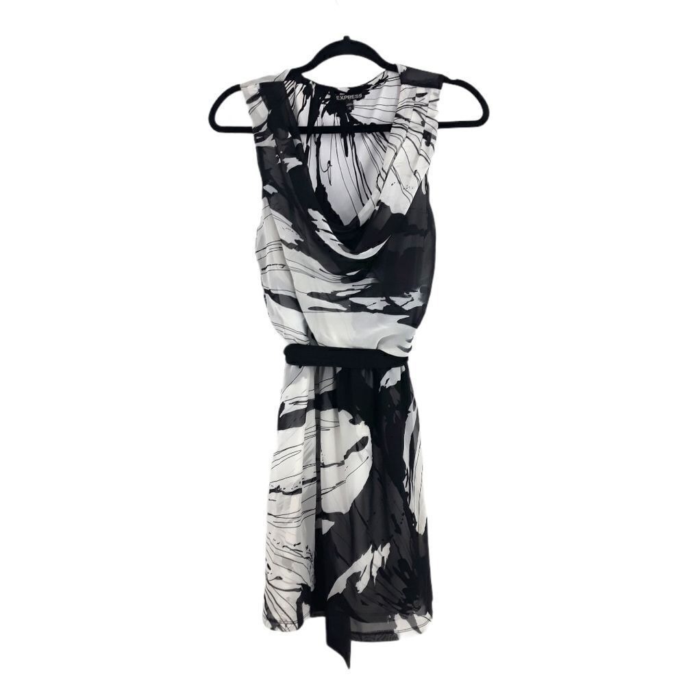 Express Dress Chiffon Cowl Sleeveless Belted‎ Knee Color Blocked Floral Black M